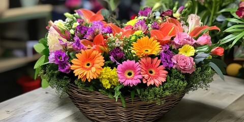Aufkleber - Vibrant heart-shaped basket overflowing with colorful flowers including gerbera daisies, lilies, and roses arranged beautifully on a natural wooden surface.