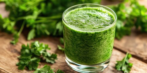 Poster - Fresh green smoothie in a glass on a wooden table surrounded by fresh parsley leaves showcasing a vibrant green color and natural rustic setting.