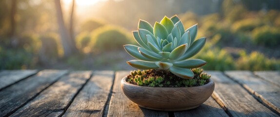 Wall Mural - Haworthia Succulent Plant in Wooden Pot Bathed in Morning Light with Natural Background and Space for Text Overlay