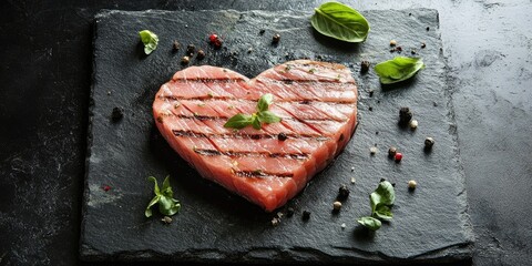 Aufkleber - Grilled heart-shaped tuna steak on a black slate plate surrounded by fresh basil and assorted peppercorns on a dark textured background