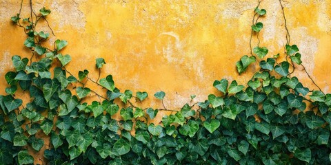 Leinwandbilder - Vibrant yellow wall adorned with lush green ivy cascading down from top to bottom creating a beautiful natural backdrop for creative design.