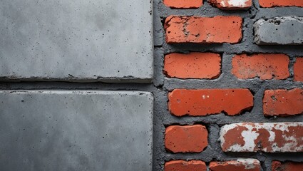Poster - Textured grey concrete and weathered red brick wall close-up with blank space for copy or design elements in a modern abstract background.