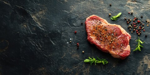 Poster - Raw ribeye steak seasoned with colorful spices placed on a dark textured stone background with fresh herbs and space for promotional text.