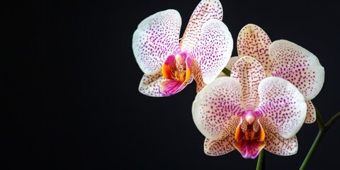 Poster - Vibrant close-up of two exquisite orchids with delicate white petals and striking purple spots against a dark background highlighting their natural beauty.