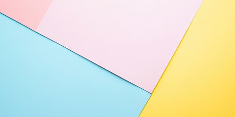 Fototapete - Colorful geometric flat lay of pastel paper sheets in pink, blue, and yellow arranged in a diagonal pattern creating a soft aesthetic backdrop.