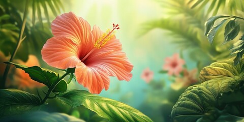 Aufkleber - Vibrant pink hibiscus flower in full bloom surrounded by lush green leaves and delicate tropical foliage against a soft blurred background.