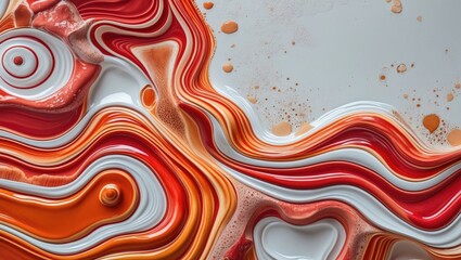 Fototapete - Abstract fluid art composition with vibrant red, orange, and white flowing paint textures on a light background