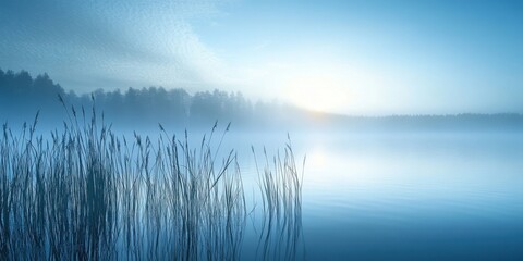 Aufkleber - Foggy lake at sunrise with delicate reeds in the foreground, serene blue tones, soft reflections on water, and hints of light illuminating the scene