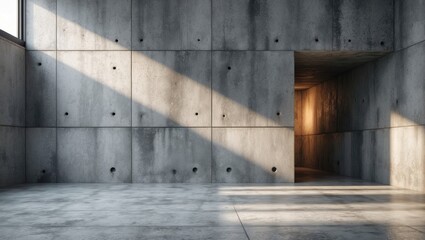 Poster - Gray concrete interior space with dramatic light and shadow effects creating a modern and minimalist ambiance for design presentations.