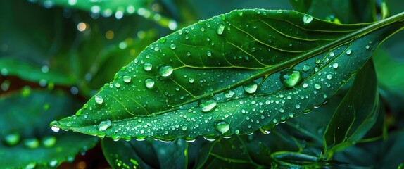 Poster - Close-up of a green leaf adorned with dew droplets showcasing vibrant textures and a refreshing natural background.