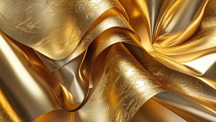 Poster - Elegant golden silk fabric with intricate curves and textures suitable for luxury design backgrounds and decorative art applications.
