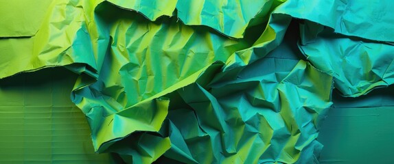 Poster - Textured green and blue crumpled cardboard paper background for creative designs and text overlays. Ideal for artistic projects and graphics.