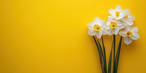 Aufkleber - White narcissus flowers with yellow centers arranged close together on the right side against a vibrant yellow backdrop creating a fresh, cheerful atmosphere