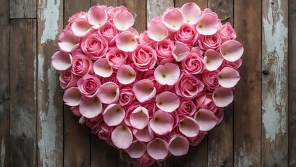 Poster - Heart shaped arrangement of pink rose petals on rustic wooden background creating a romantic and elegant atmosphere for celebrations.