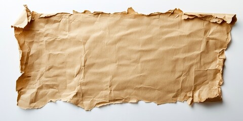 Poster - Frayed brown paper sheet with creases and torn edges positioned horizontally against a clean white background showcasing texture and color contrast
