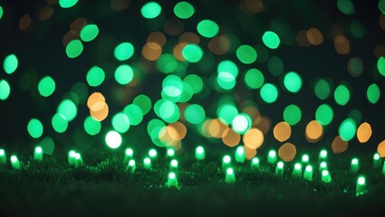 Poster - Nighttime bokeh effect with vibrant green and warm-colored lights creating an enchanting atmosphere on a soft surface.