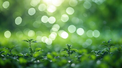 Poster - Lush green bokeh background with soft focus on plants creating a serene and calming nature abstract atmosphere.