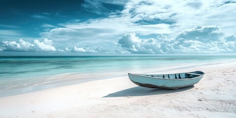 Aufkleber - Serene beach landscape featuring a weathered blue boat on a sandy shore under a sky filled with soft clouds, turquoise waters in the background.