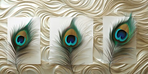 Poster - Peacock feathers arranged on three white panels positioned upright against a textured metallic gold backdrop creating an elegant visual composition