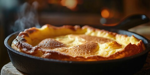 Poster - Delicious golden brown Dutch baby pancake in a cast iron skillet with steam rising against a blurred cozy kitchen background.