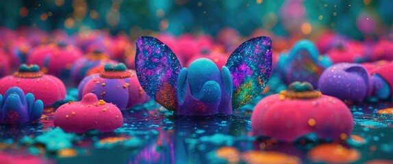 Fototapete - Vibrant abstract landscape featuring colorful organic shapes and dreamy cosmic elements in a surreal background.