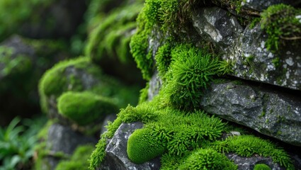 Poster - Lush green moss covering textured stones in a natural outdoor setting showcasing the beauty of nature and tranquility.