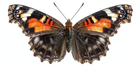 Poster - Colorful butterfly with orange and black wings featuring intricate patterns centered against a white background showcasing natural details and symmetry.