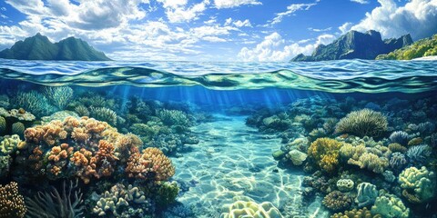 Aufkleber - Vibrant underwater coral reef scene with clear turquoise water, colorful corals, sunlight filtering through, and distant mountains under a blue sky.