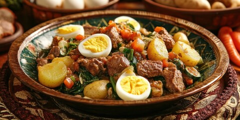 Poster - Traditional Javanese dish featuring a colorful vegetable salad with potatoes, eggs, and beef in a vibrant bowl set against rustic background.
