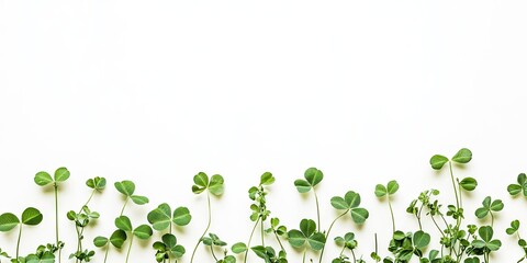 Aufkleber - Vibrant green clover leaves arranged horizontally on a pristine white background creating a minimalist design perfect for copy space.