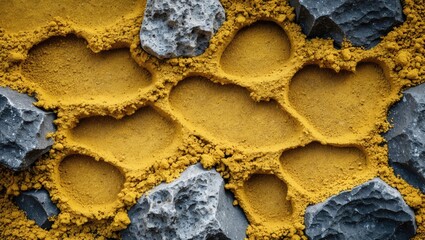 Poster - Textured yellow sand and gravel surface featuring heart-shaped impressions, ideal for creative design projects and backgrounds.