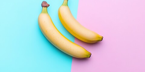 Poster - Minimalist flat lay of two ripe yellow bananas on a split pastel blue and pink background with ample copy space for vegan diet promotion
