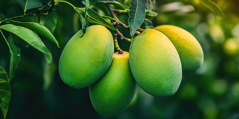 Poster - Vibrant green mangoes cluster on a lush tree branch amid rich green leaves, showcasing their natural beauty in a sunlit outdoor setting.