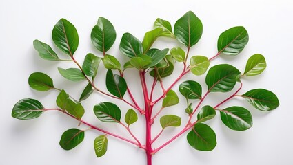 Wall Mural - Decorative branch with vibrant green leaves and reddish stems arranged symmetrically on a white background