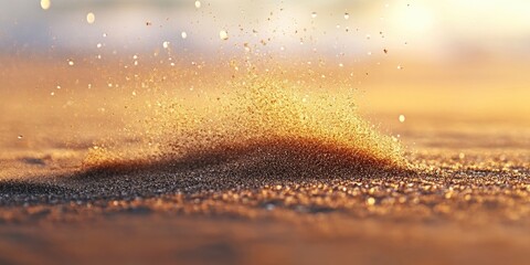 Aufkleber - Golden grains of sand swirling in the sunlight with a blurred beach background creating a warm and tranquil atmosphere at sunset
