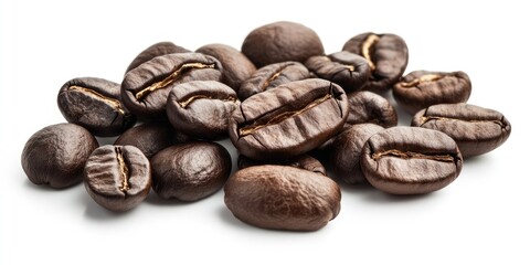 Poster - Close-up view of dark roasted coffee beans scattered on a white background, highlighting rich brown tones and varying bean shapes and sizes.