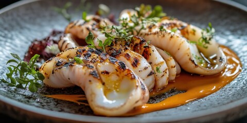 Poster - Grilled squid pieces arranged on a textured gray plate with vibrant orange sauce and fresh herbs creating a striking gourmet seafood presentation