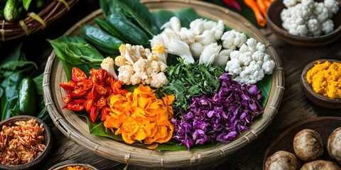 Poster - Vibrant arrangement of fresh vegetables and herbs including purple cabbage, white cauliflower, orange flowers, and green leaves on a round woven tray
