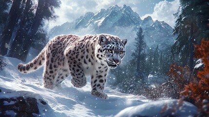 Wall Mural - big snow leopard in an icy mountain environment featuring its strong carnivore body and wild feline 