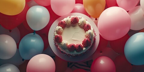 Poster - Colorful overhead view of a festive cake surrounded by pastel balloons in pink, blue, and yellow, creating a cheerful celebration atmosphere.
