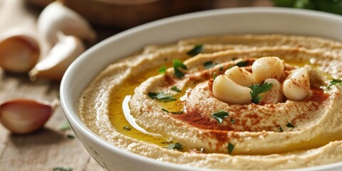 Aufkleber - Creamy roasted garlic hummus in a white bowl, topped with olive oil, garlic cloves, and parsley, on a rustic wooden table with scattered garlic.