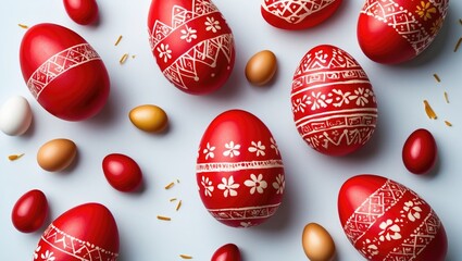 Poster - Ukrainian Easter eggs featuring traditional red patterns scattered on a light surface with golden and ivory eggs for festive decoration.