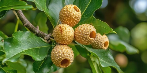 Poster - Close-up of golden spiky fruits clustered on a green leafy branch showcasing vibrant green foliage and soft natural lighting.
