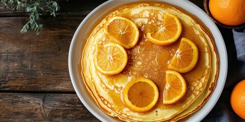 Poster - Pancakes topped with fresh orange slices arranged on a white plate against a rustic wooden background with oranges and greenery nearby.