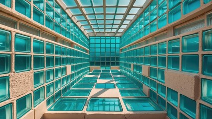 Poster - translucent glass block interior with geometric patterns and natural light creating a modern archite