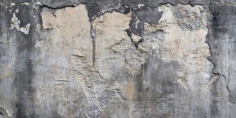Poster - Textured grunge cement wall with cracked gray and beige patches showing weathered layers emphasizing depth and urban decay in the backdrop