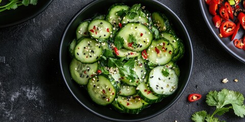 Poster - Fresh cucumber salad in a black bowl garnished with cilantro, sesame seeds, and red chili slices on a dark textured background.