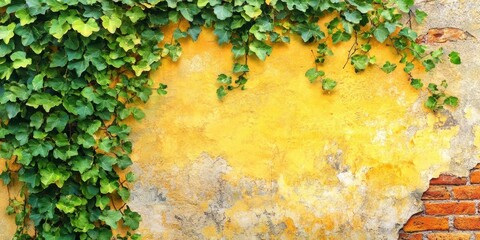 Wall Mural - Lush green ivy leaves intertwining with a weathered yellow orange brick wall showcasing a blank space for text on the right side of the image