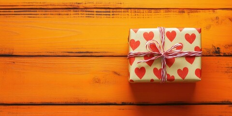 Aufkleber - Handmade gift box wrapped in heart-adorned paper sits on vibrant orange wooden tabletop with ample blank space for design or messaging on the left