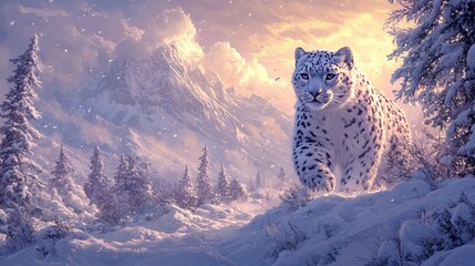 Wall Mural - snow leopard resting in a high altitude snowy landscape with its powerful predator eyes and thick fu